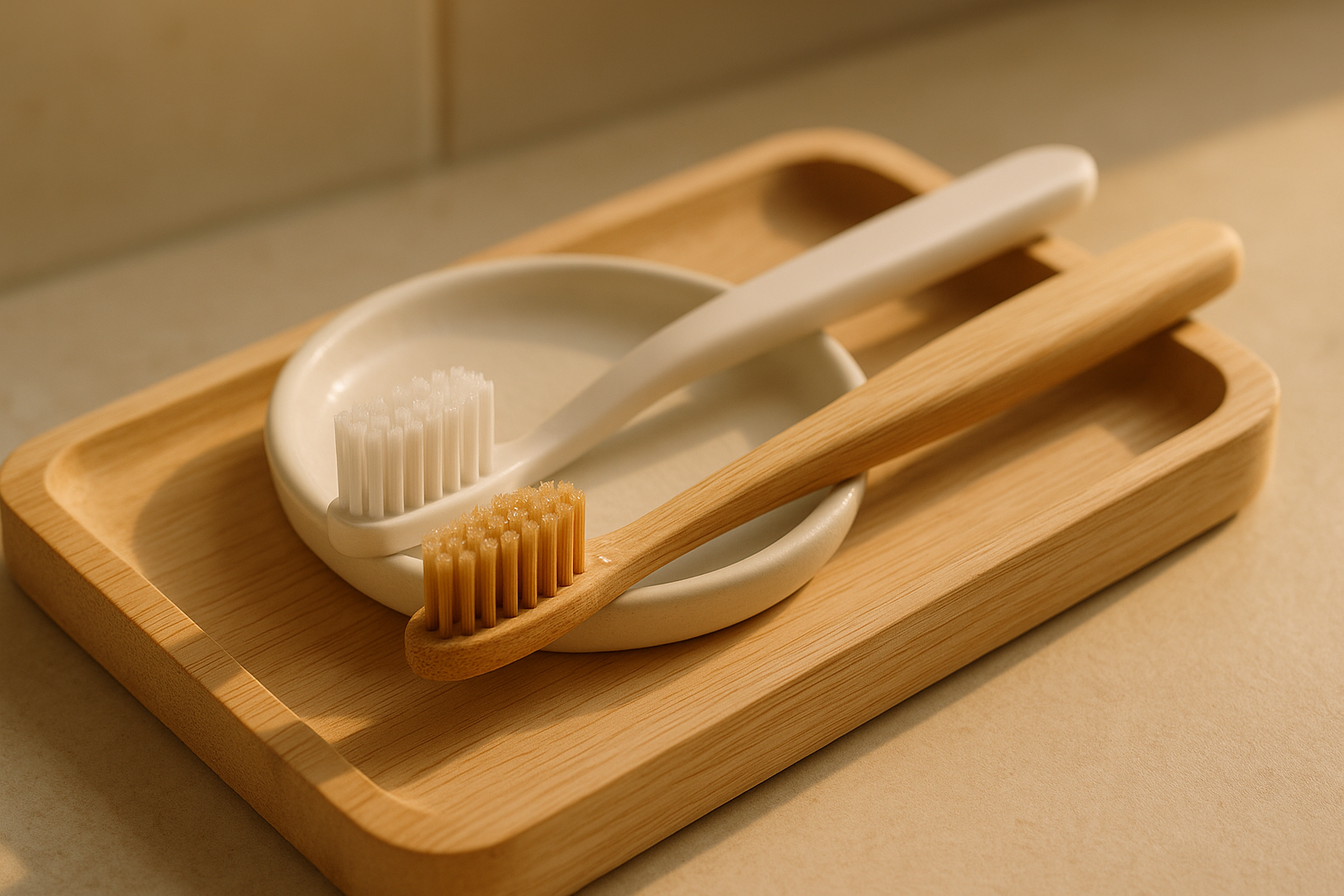 cepillo dental bambú y plastico sobre bandeja de madera; texturas y gotas, luz natural lateral en encimera de baño.
