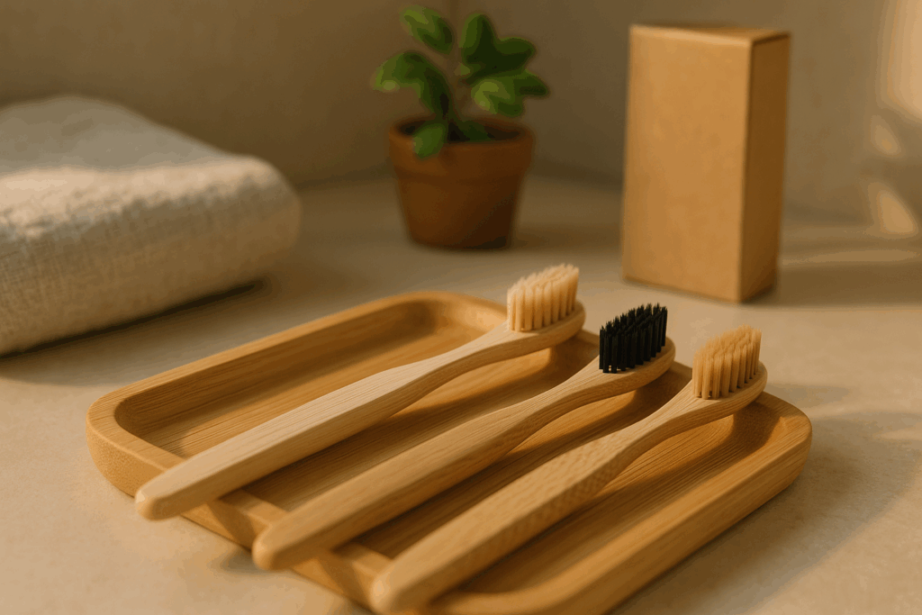 Conjunto de cepillo de bambú en bandeja de madera, cerdas suave, media y vegana con luz cálida y accesorios sostenibles.