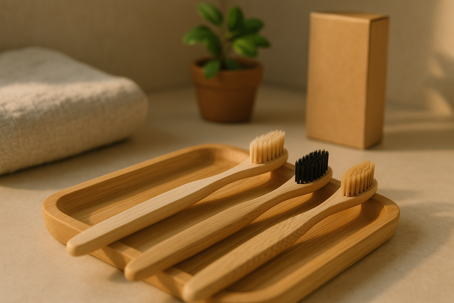 Conjunto de cepillo de bambú en bandeja de madera, cerdas suave, media y vegana con luz cálida y accesorios sostenibles.