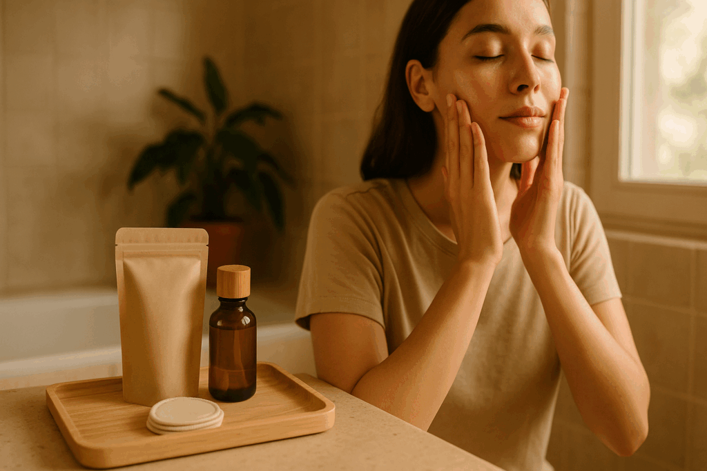 Persona aplicando sérum en baño cálido, en rutina facial natural, con envases sostenibles de vidrio y tapa de bambú.