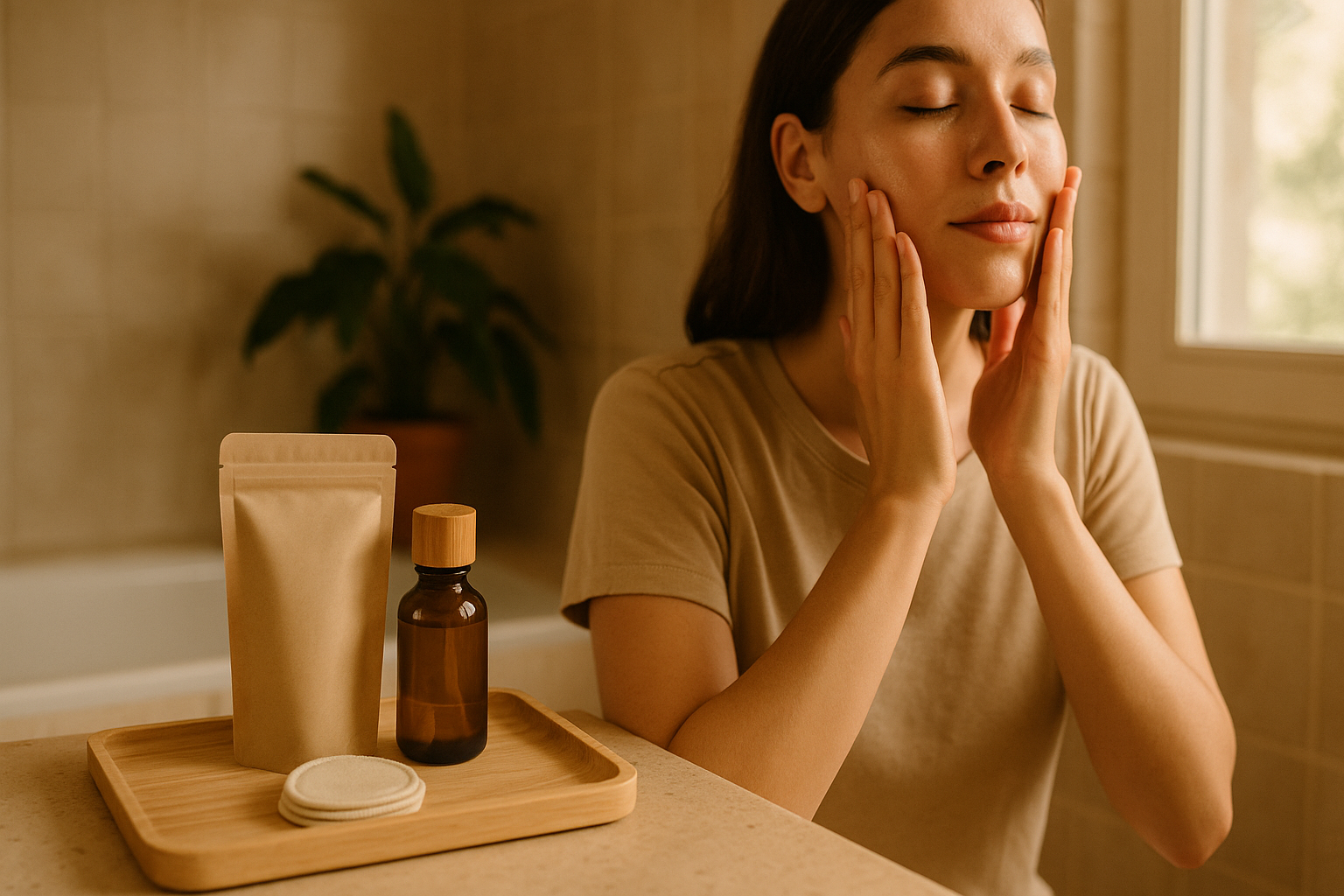 Persona aplicando sérum en baño cálido, en rutina facial natural, con envases sostenibles de vidrio y tapa de bambú.