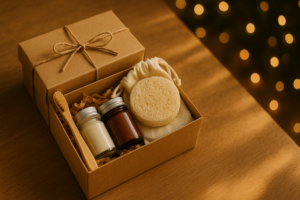 Kit navideño con bambú, champú sólido y vidrio; kits ecológicos en papel kraft con luz cálida.