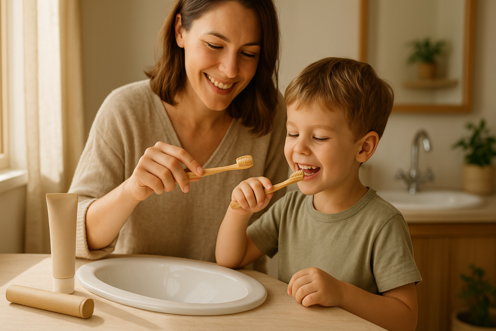 Madre supervisa la rutina dental niños mientras un niño se cepilla con cepillo de bambú y pasta en envase reciclable.